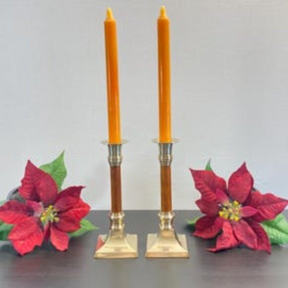 Set of 2 Candlestick Holders, Brass and Wood, Taper Candle Holder with Candles, - Picture 2 of 10